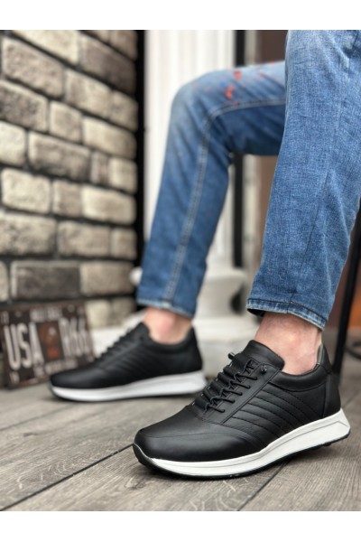 BA0325 İçi Dışı Hakiki Deri Gizli Bağcık Rahat Taban Siyah Sneakers Casual Erkek Ayakkabı