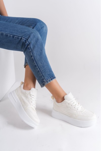 ALESSI Bağcıklı Ortopedik Taban Kadın Sneaker Ayakkabı BT Kırık Beyaz