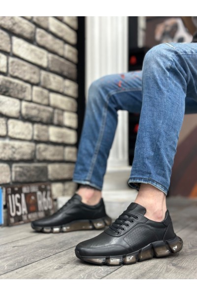 BA0344 İçi Dışı Hakiki Deri Rahat Taban Siyah Sneakers Casual Erkek Ayakkabı