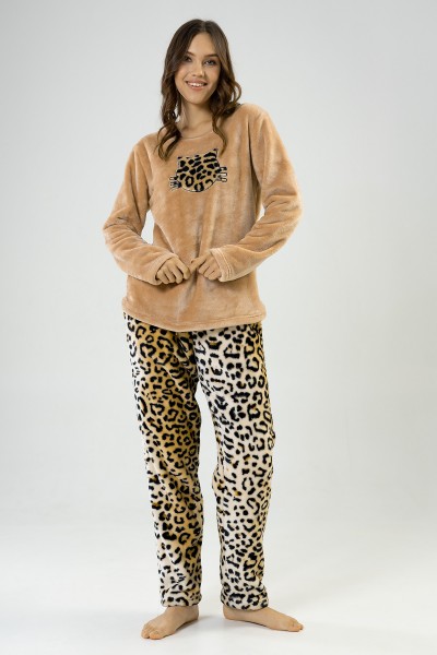 Kadın Açık Kahverengi Polar O Yaka Uzun Kol Eteği Oval Cepli Pijama Takımı