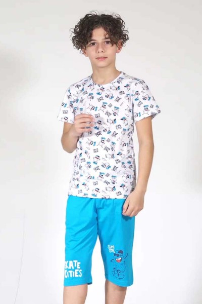 Erkek Çocuk Beyaz Pamuklu Kısa Kol Kaprili Pijama Takım
