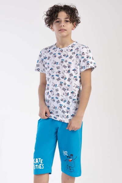 Erkek Çocuk Beyaz Pamuklu Kısa Kol Kaprili Pijama Takım

