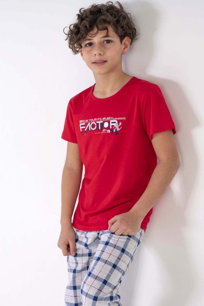 Erkek Çocuk Kırmızı Pamuklu o Yaka Kısa Kol Kapri Pijama Takımı