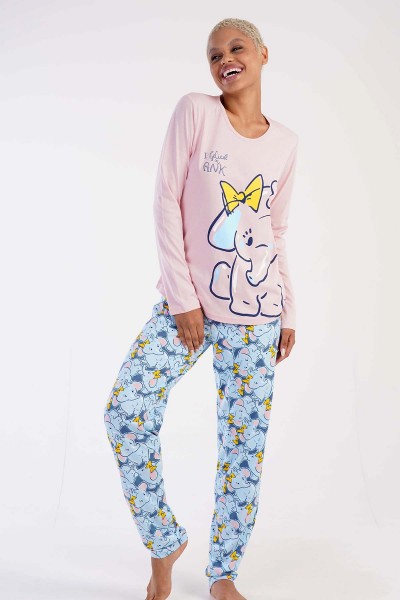 Kadın Açık Pembe Pamuklu Uzun Kol Pijama Takım
