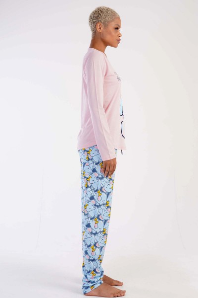 Kadın Açık Pembe Pamuklu Uzun Kol Pijama Takım
