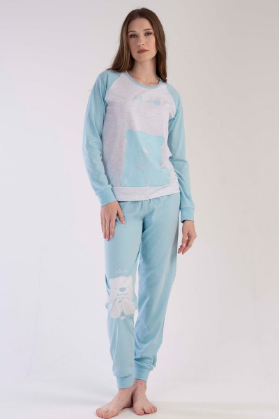Kadın Açık Mavi Pamuklu Uzun Kol Pijama Takım
