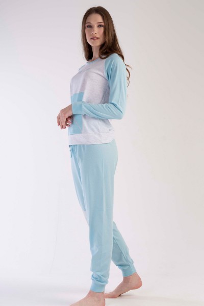 Kadın Açık Mavi Pamuklu Uzun Kol Pijama Takım
