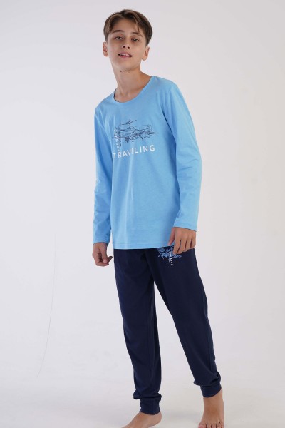 Erkek Çocuk Gri Pamuklu Uzun Kol Pijama Takım