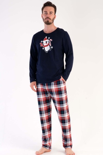 Erkek Lacivert Pamuklu Uzun Kol Cepli Pijama Takım