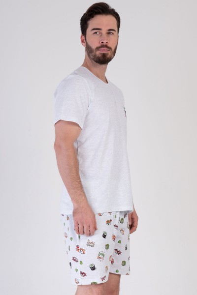 Erkek Gri Melanj Pamuklu Kısa Kol Şortlu Pijama Takım