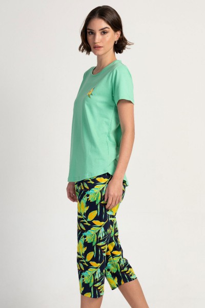 Kadın Açık Yeşil Pamuklu Kısa Kol Kaprili Pijama Takım
