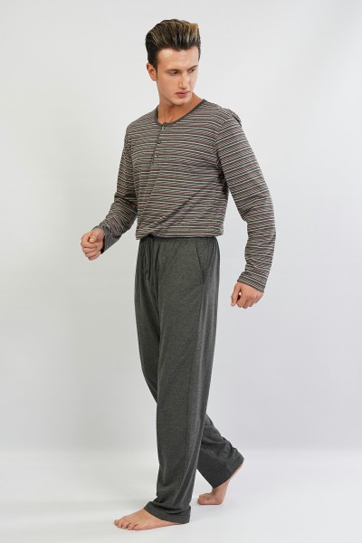 Erkek Antrasit Pamuklu Uzun Kol Pijama Takım
