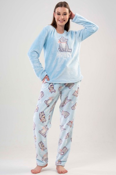 Kadın Bebe Mavisi Polar Uzun Kol Pijama Takım
