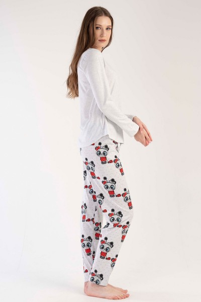Kadın Beyaz Pamuklu Uzun Kol Pijama Takım
