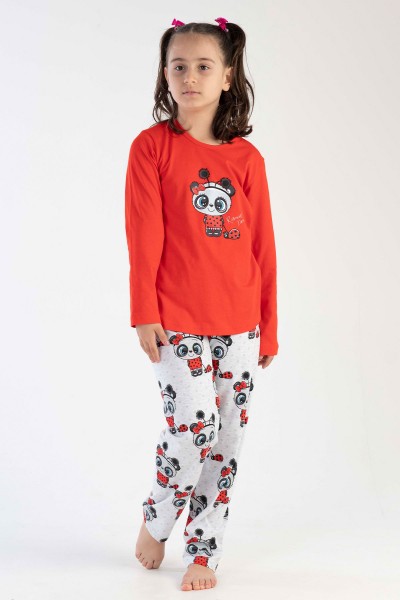 Kız Çocuk Kırmızı Pamuklu Uzun Kol Pijama Takım