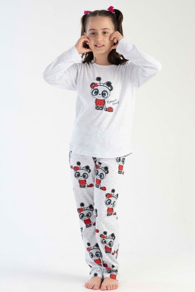 Kız Çocuk Beyaz Pamuklu Uzun Kol Pijama Takım