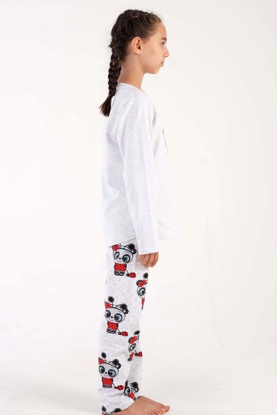 Kız Çocuk Gri Melanj Pamuklu Uzun Kol Pijama Takım