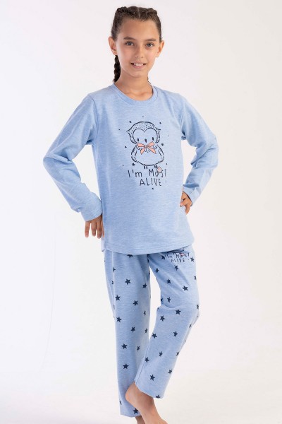 Kız Çocuk Açık Mavi Pamuklu Uzun Kol Pijama Takım
