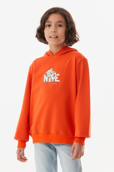 Ayıcık Baskılı  Kapüşonlu Kız Çocuk Sweatshirt