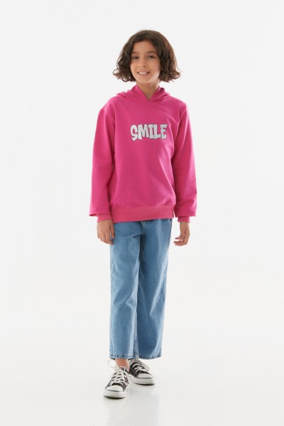 Smile Yazı  Baskılı Kapüşonlu Kız Çocuk Sweatshirt