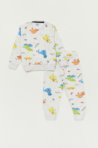 Dinozor Baskılı Bisiklet Yaka Unisex Pijama Takımı