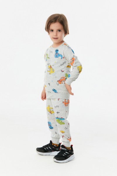 Dinozor Baskılı Bisiklet Yaka Unisex Pijama Takımı