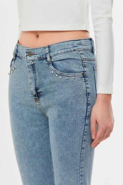 Taşlı Yüksek Bel Straight Fit Kız Çocuk Jean