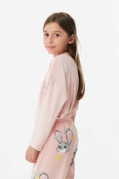 Nakışlı Bisiklet Yaka Kız Çocuk Pijama Takımı