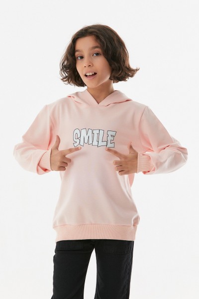 Smile Yazı  Baskılı Kapüşonlu Kız Çocuk Sweatshirt