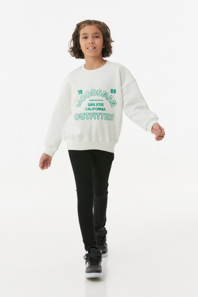 Nakışlı Bisiklet Yaka Unisex Çocuk Sweatshirt