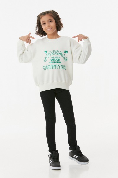 Nakışlı Bisiklet Yaka Unisex Çocuk Sweatshirt