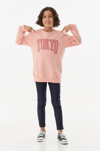  Tokyo Baskılı Bisiklet Yaka Kız Çocuk Sweatshirt