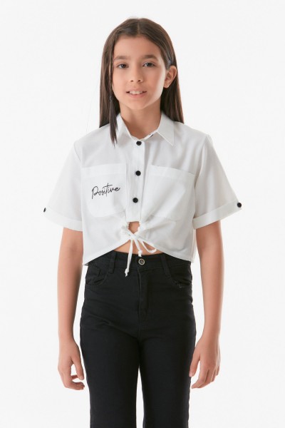 Baskılı Beli Bağlamalı Kız Çocuk Crop Gömlek