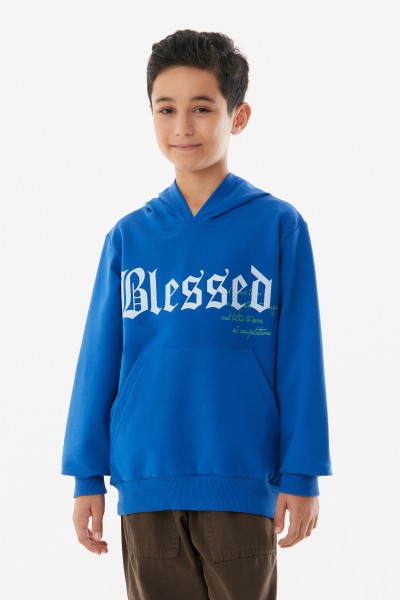 Yazı Baskılı Kanguru Cepli Kapüşonlu Unisex Çocuk Sweatshirt